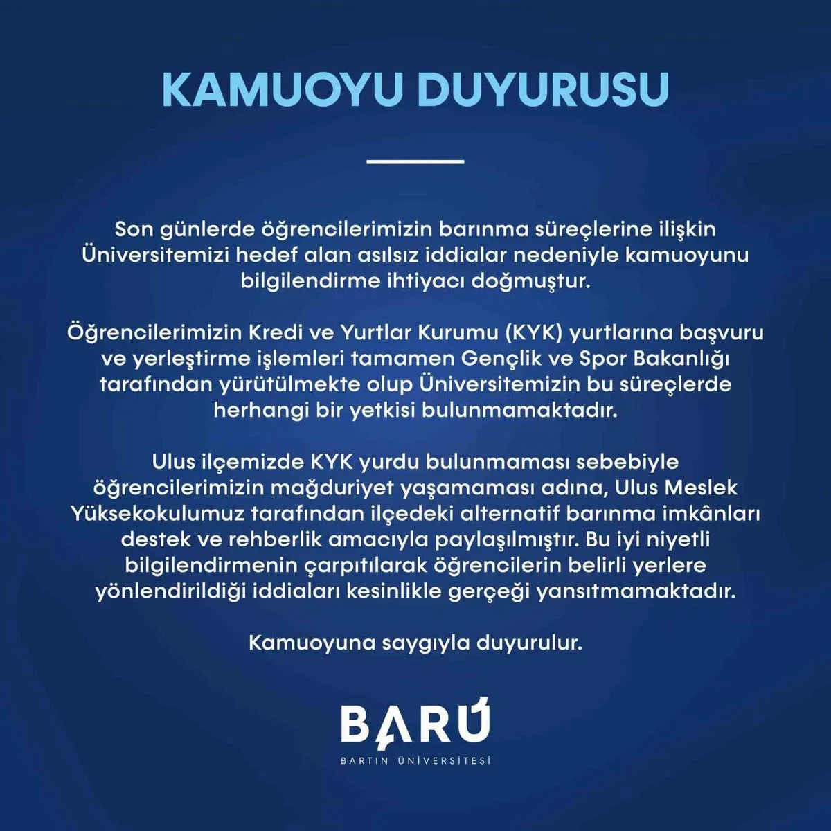 BARÜ'den barınma iddialarına yalanlama