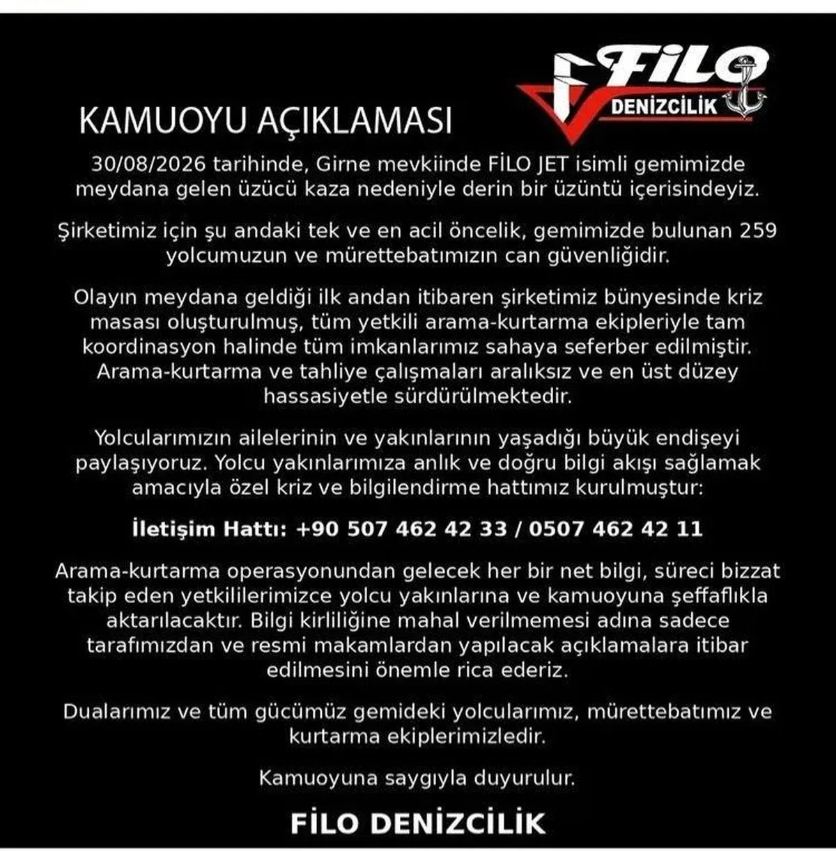 Filo Denizcilik'ten yolcu yakınlarına kriz hattı