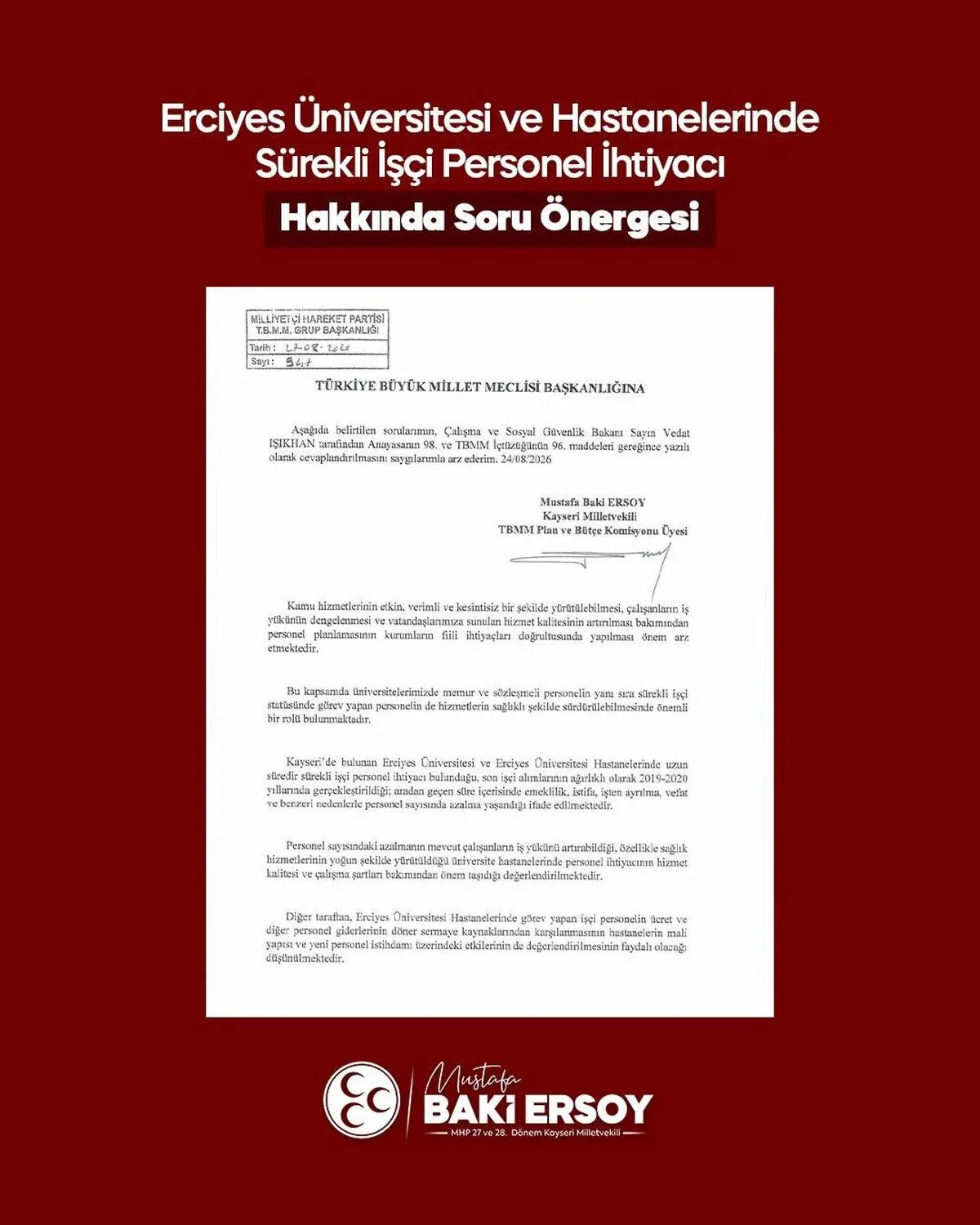 MHP’li Ersoy, ERÜ ve hastanelerindeki personel ihtiyacını meclis gündemine taşıdı