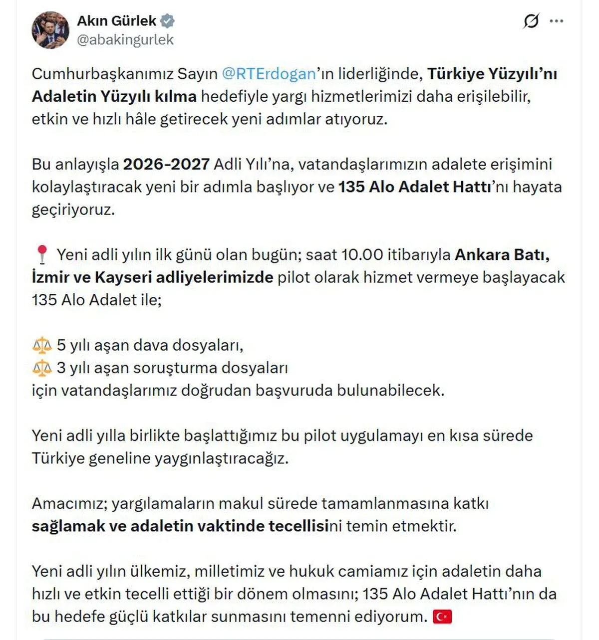 Adalet Bakanı Gürlek: 135 Alo Adalet Hattı pilot uygulamayla başlıyor