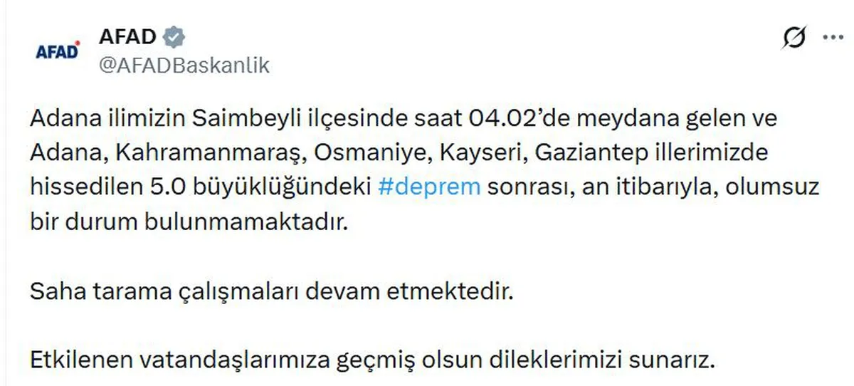 Adana Saimbeyli'de 5.0 büyüklüğünde deprem oldu, olumsuz durum bulunmuyor