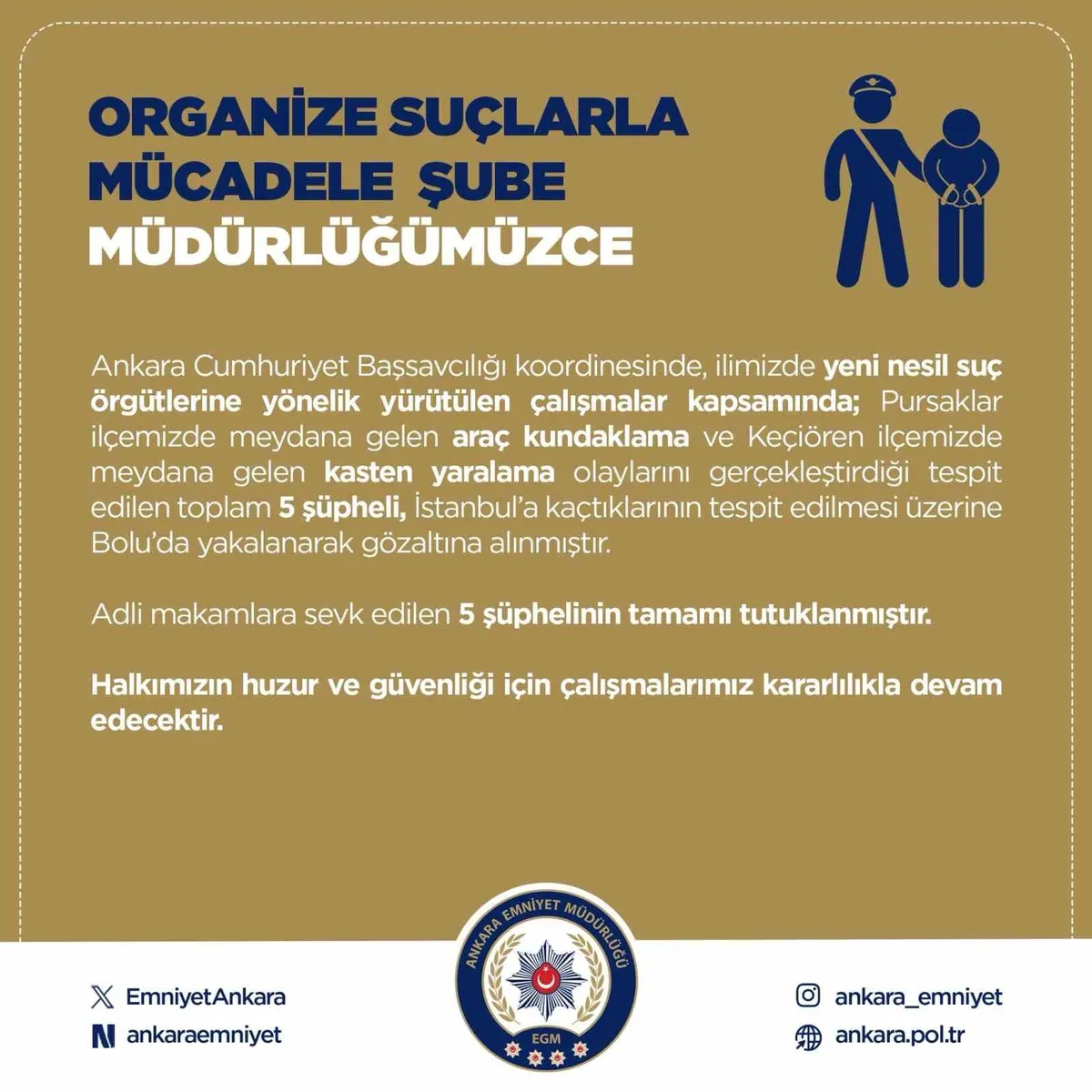 Bolu'da yakalanan 5 şüpheli yeni nesil suç örgütlerine yönelik operasyonda tutuklandı