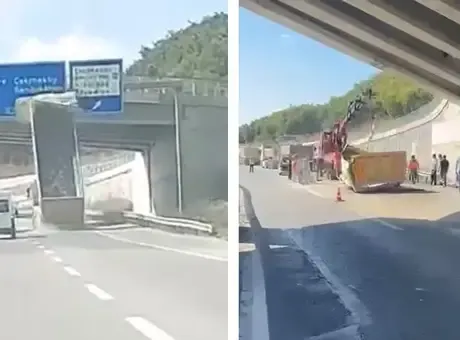 Çekmeköy'de hafriyat kamyonu üst geçide çarptı! Dorse yola devrildi