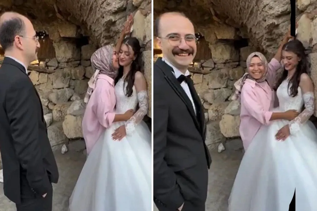 Düğün fotoğrafında şaşırtan anlar: Damattan önce fotoğrafçı öptü