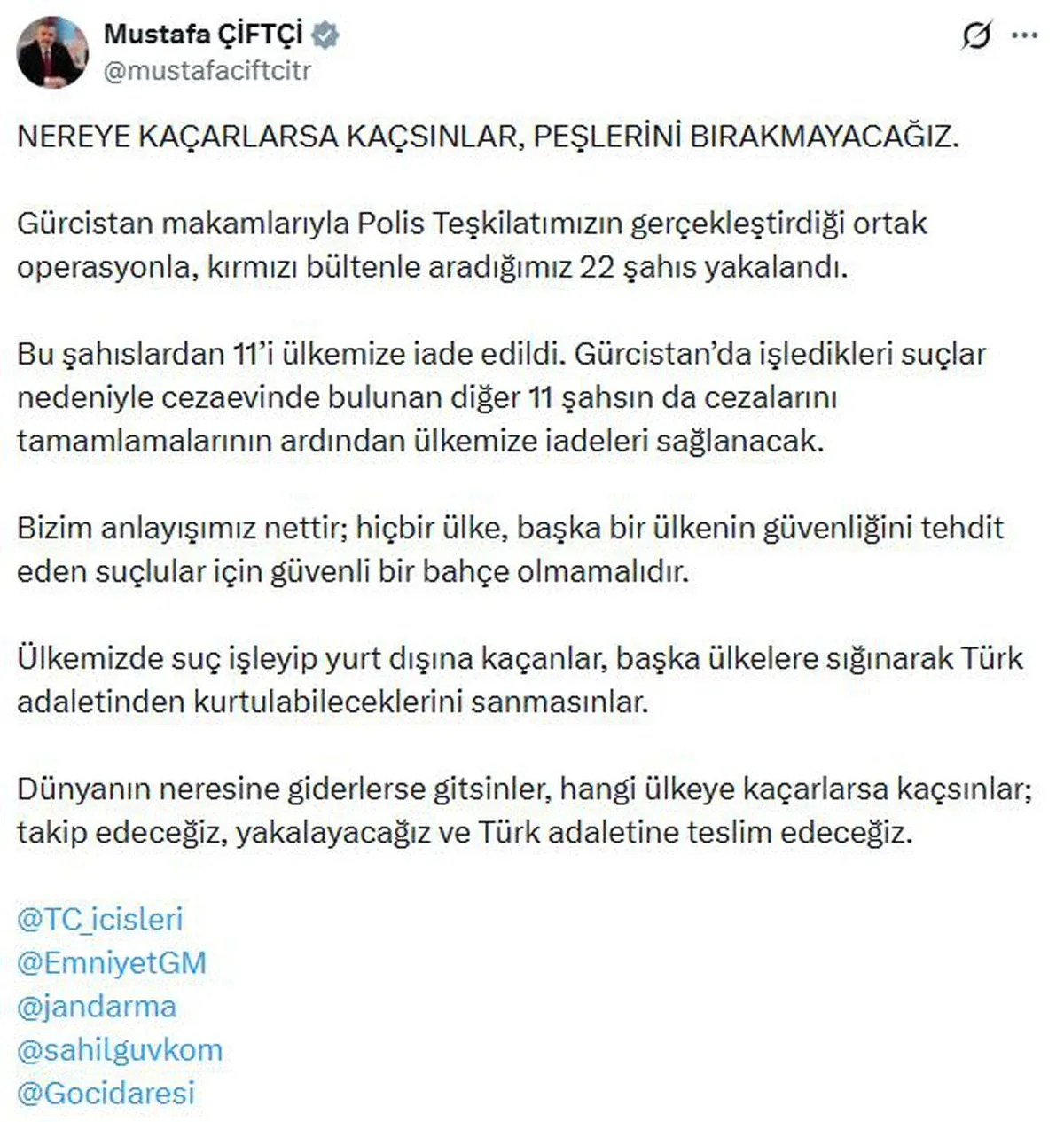 İçişleri Bakanı Çiftçi: Kırmızı bültenle aranan 22 şahıs Gürcistan'da yakalandı, 11'i Türkiye'ye iade edildi
