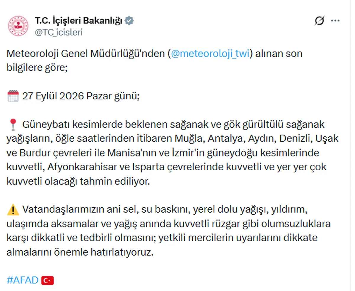 İçişleri Bakanlığı 27 Eylül'de güneybatıda ani sel ve su baskınına karşı uyardı